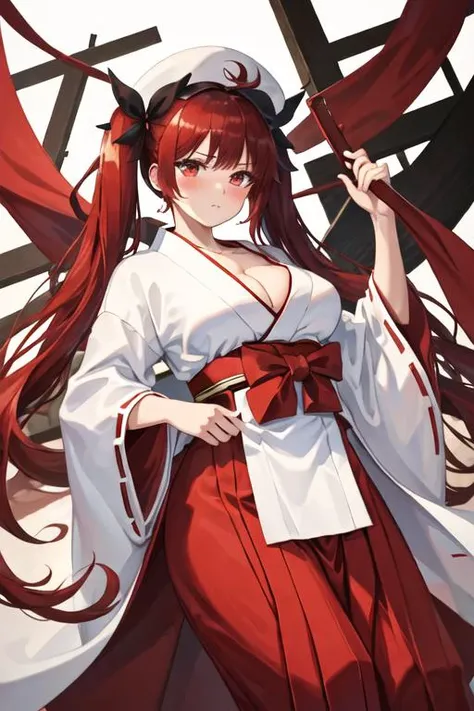 best quality, masterpiece, highres, solo, {white kimono:1.35}, {red hakama:1.35}, {wide sleeves:1.20}, {honolulu_azurlane:1.15}, long_hair, red_hair, twintails, bangs, ribbon, blush, hair_ribbon, red_eyes, breasts, black_ribbon, large_breasts, hat, cleavage, very_long_hair