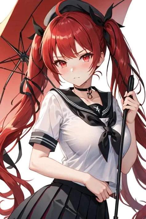 best quality, masterpiece, highres, solo, {honolulu_azurlane:1.15}, long_hair, red_hair, twintails, bangs, ribbon, blush, hair_ribbon, red_eyes, breasts, black_ribbon, large_breasts, hat, cleavage, very_long_hair, 1girl, ahoge, beret, black_choker, black_headwear, black_sailor_collar, choker, closed_mouth, looking_at_viewer, sailor_collar, school_uniform, serafuku, shirt, short_sleeves, simple_background, white_background, white_shirt, chromatic_aberration, collarbone, holding, holding_umbrella, umbrella, black_skirt, skirt, upper_body