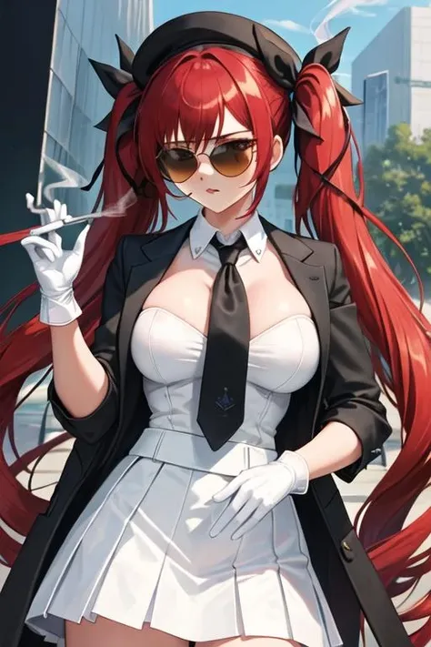 best quality, masterpiece, highres, solo, {black business suit:1.40}, {tie:1.20}, {sunglasses:1.25}, {white gloves:1.15}, {white shirt:1.10}, {black skirt:1.15}, {smoking:1.20}, handsome, {honolulu_azurlane:1.15}, long_hair, red_hair, twintails, bangs, ribbon, blush, hair_ribbon, red_eyes, breasts, black_ribbon, large_breasts, hat, cleavage, very_long_hair