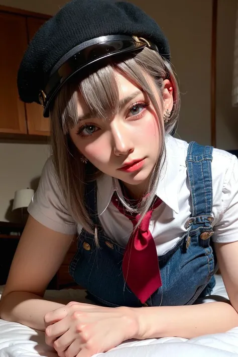 lying on bed,in bedroom,1girl,solo,closed mouth,dynamic angle,expressionless,fami \(chainsaw man\),dungarees,black neckwear,red eye,grey hair,upper body,head tilt,hat,earrings,glowing eyes,(Highest picture quality),(ultra-detailed),wallpaper,masterpiece,best quality,<lora:Cherry Blossom Girl:0.8>