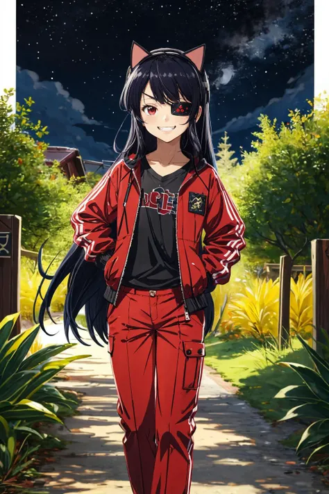 masterpiece, best quality, <lora:mirai-10:1>, 1girl, mirai \(senran kagura\), black hair, long hair, very long hair, red eyes, eyepatch, breasts, flat chest, looking at viewer, facing viewer, outdoors, forest, night, starry sky, full moon, jacket, red jacket, shirt, v-neck, black shirt, cat ears, fake animal ears, pants, red pants, v-shaped eyebrows, happy, grin, simple background, hands on hips, smug,
<lora:add_detail:0.7>
<lyco:GoodHands-beta2:0.7>