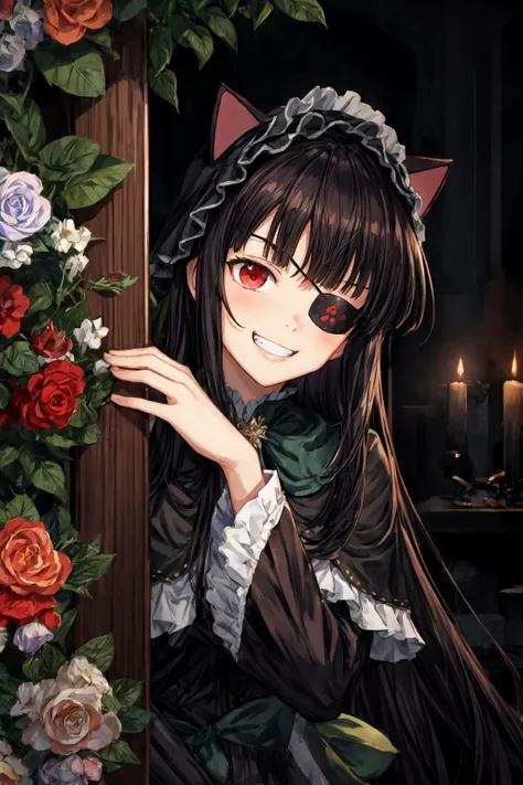 solo, mirai \(senran kagura\), black long hair, BREAK, red eyes, BREAK, eyepatch, v-shaped eyebrows, happy, grin, smug, long frilled dress, frilled sleeves, black dress, capelet, frilled hairband, frilled hat, cat ears, BREAK, peeking out upper body, wall of flowers, flowers
<lora:mirai-10:0.8>
<lora:add_detail:1>
<lyco:GoodHands-beta2:1>
<lora:peeking_out_upper_body_pruned:1.4>