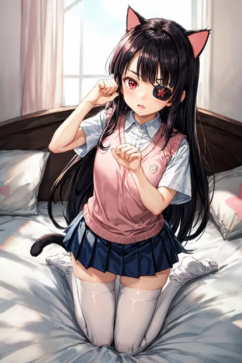 solo, mirai \(senran kagura\), flat chest, dressed, black long hair, BREAK, red eyes, BREAK, eyepatch, v-shaped eyebrows, (pink sweater vest:1.3), BREAK, sleeveless, star print, pleated skirt, (blue skirt:1.3), BREAK, white thigh highs, BREAK, on the bed, (cat pose:1.5)
<lora:mirai-10:0.8>
<lora:add_detail:1>
<lyco:GoodHands-beta2:1>