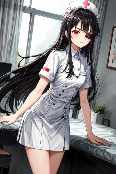 solo, mirai \(senran kagura\), flat chest, dressed, black long hair, BREAK, red eyes, BREAK, eyepatch, v-shaped eyebrows, BREAK, (white nurse uniform:1.4), hospital
<lora:mirai-10:0.8>
<lora:add_detail:1>
<lyco:GoodHands-beta2:1>