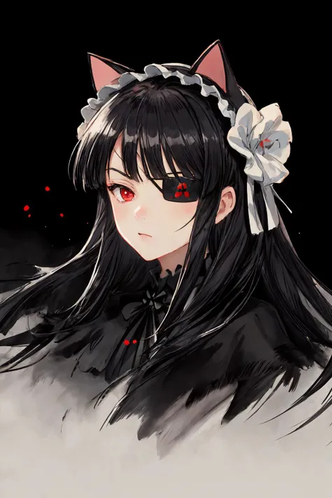 (portrait:1.4), solo, mirai \(senran kagura\), black long hair, BREAK, red eyes, BREAK, eyepatch, v-shaped eyebrows, long frilled dress, frilled sleeves, black dress, capelet, frilled hairband, frilled hat, cat ears, BREAK, zydink, ink sketch, ink splatter, ink splashing technique, freehand brushwork, flowing brushstrokes, (artistic interpretation)
<lora:mirai-10:0.8>
<lora:add_detail:1>
<lyco:GoodHands-beta2:1>
<lora:zyd232_InkStyle_v1_0:0.7>