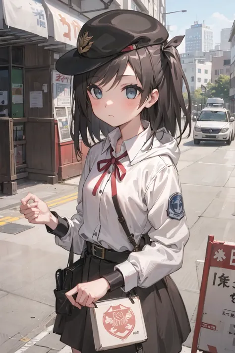 1girl, 24 years old, straight-on, upper body, looking at viewer, black hair, short hair, (side ponytail:1.1), expressionless, badge, bangs, blue headwear, detailed eyes, small breasts, clothes writing, hood, hood down, standing, long sleeves, closed mouth, (blue skirt:1.05), solo, (light blush:0.9), bare tree, building, city, cityscape, day, outdoors, street, tokyo \(city\), tree