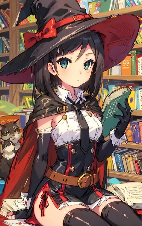 1girl, student, short hair, black hair, side ponytail, medium breasts, book, book stack, sitting, bookshelf, black cape, cat, collar, medium dress, witch costume, eyepatch, fingerless gloves, gloves, asymmetrical legwear, bandaged leg, bandages, belt, library, looking at the book, mismatched legwear, closed mouth, expressionless, black cat, open book, holding book, staff, striped necktie, witch hat