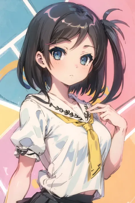 1girl, adult, upper body, short hair, black hair, side ponytail, looking at viewer, medium breasts, serafuku, yellow tie, pink skirt,