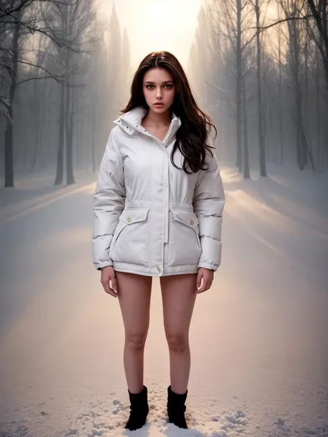 full body, bottomless, brunette supermodel wearing a white ski jacket in the snow outdoors <lora:bottomless:0.8>, volumetric lighting