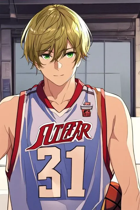 masterpiece, best quality, high quality, 1boy, solo, male focus, looking at viewer, upper body, <lora:takahiro_mizusawa:0.66>, takahiro_mizusawa, green eyes, blonde hair, jewelry, hair between eyes, realistic, basketball uniform