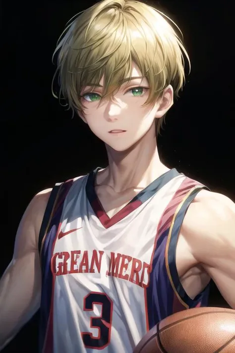 masterpiece, best quality, high quality, 1boy, solo, male focus, looking at viewer, upper body, <lora:takahiro_mizusawa:0.62>, takahiro_mizusawa, green eyes, blonde hair, jewelry, hair between eyes, , basketball uniform