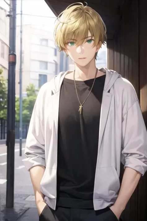 masterpiece, best quality, high quality, 1boy, solo, male focus, looking at viewer, upper body, <lora:takahiro_mizusawa:0.66>, takahiro_mizusawa, green eyes, blonde hair, jewelry, hair between eyes, realistic, hoodie