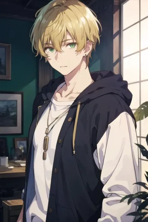 masterpiece, best quality, high quality, 1boy, solo, male focus, looking at viewer, upper body, <lora:takahiro_mizusawa:0.56>, takahiro_mizusawa, green eyes, blonde hair, jewelry, hair between eyes, realistic, hoodie