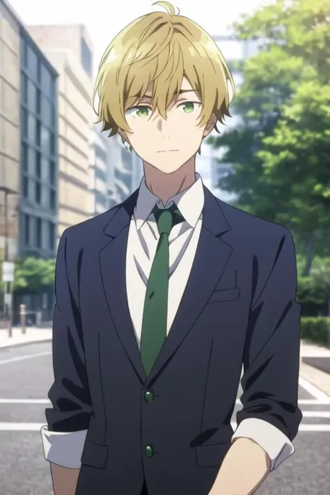 masterpiece, best quality, high quality, 1boy, solo, male focus, looking at viewer, upper body, <lora:takahiro_mizusawa:0.74>, takahiro_mizusawa, green eyes, blonde hair, jewelry, hair between eyes, realistic, formal, necktie, dress shirt