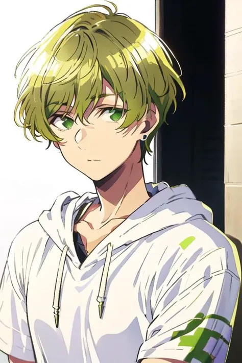 masterpiece, best quality, high quality, 1boy, solo, male focus, looking at viewer, upper body, <lora:takahiro_mizusawa:0.68>, takahiro_mizusawa, green eyes, blonde hair, jewelry, hair between eyes, , hoodie