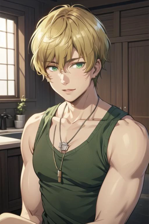 masterpiece, best quality, high quality, 1boy, solo, male focus, looking at viewer, upper body, <lora:takahiro_mizusawa:0.66>, takahiro_mizusawa, green eyes, blonde hair, jewelry, hair between eyes, , tank top