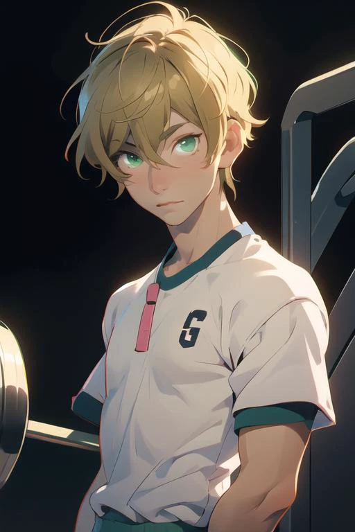 masterpiece, best quality, high quality, 1boy, solo, male focus, looking at viewer, upper body, <lora:takahiro_mizusawa:0.52>, takahiro_mizusawa, green eyes, blonde hair, jewelry, hair between eyes, , gym uniform