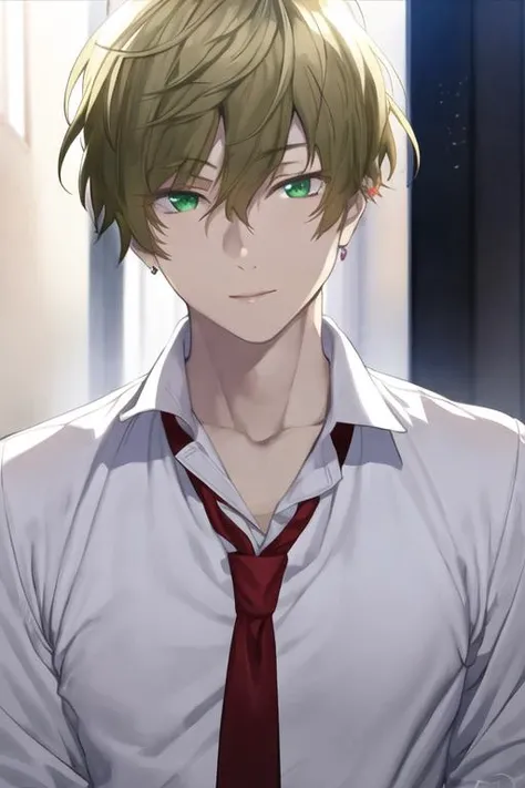 masterpiece, best quality, high quality, 1boy, solo, male focus, looking at viewer, upper body, <lora:takahiro_mizusawa:0.74>, takahiro_mizusawa, green eyes, blonde hair, jewelry, hair between eyes, realistic, formal, necktie, dress shirt