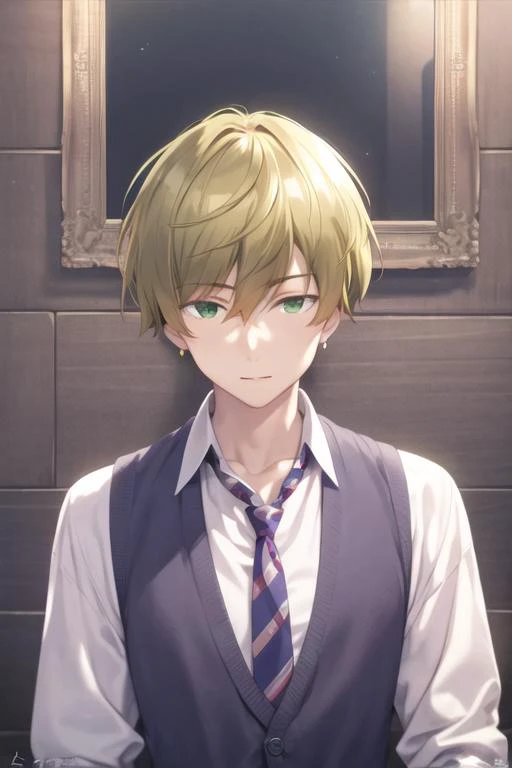masterpiece, best quality, high quality, 1boy, solo, male focus, looking at viewer, upper body, <lora:takahiro_mizusawa:0.74>, takahiro_mizusawa, green eyes, blonde hair, jewelry, hair between eyes, , formal, necktie, dress shirt