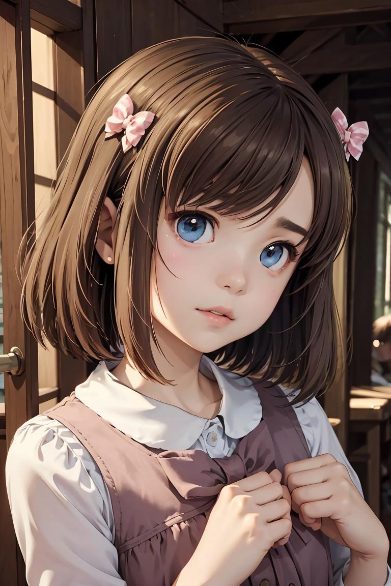 Anime girl with blue eyes and brown hair wearing a brown dress - SeaArt AI