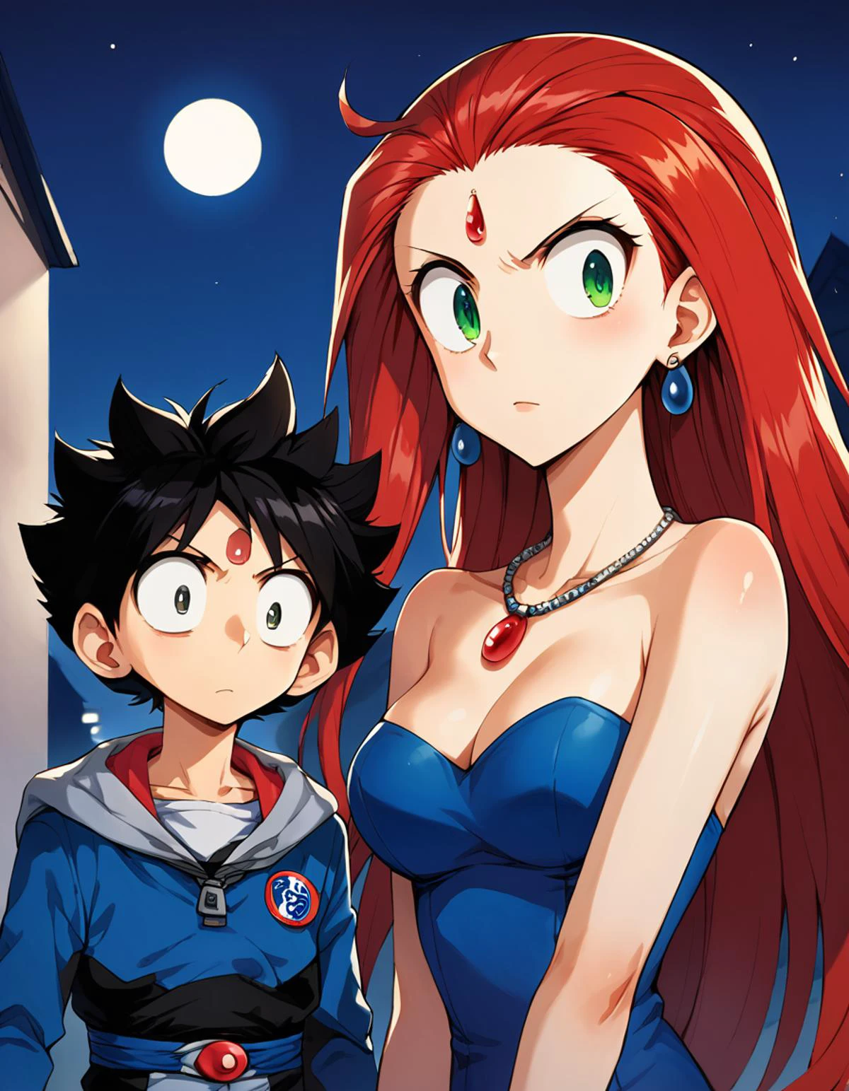 score_9, score_8_up, score_7_up, best quality, uncensored, source_anime, BREAK (short height boy), tall height girl,1boy, young, black hair, short hair, (black eyes, big eyes, wide-eyed), messy hair, spiked hair,silver armer, silver shoulder arms, black long sleeve, chest round red gem,forehead round red gem, blue and white bodysuit, emblem, badge, red boots,<lora:ichibanyu-no-kanata:5> kanata, upper body, outdoors, night, serious, standing,
1girl, adult, green eyes, red hair, very long hair, long hair, jewelry, earrings, necklace, breasts, bare shoulders, blue dress, short dress, strapless dress, tube dress, upper body, outdoors, night, serious, standing, <lora:mikami_reiko_pony_ver1:0.5> mikami_reiko