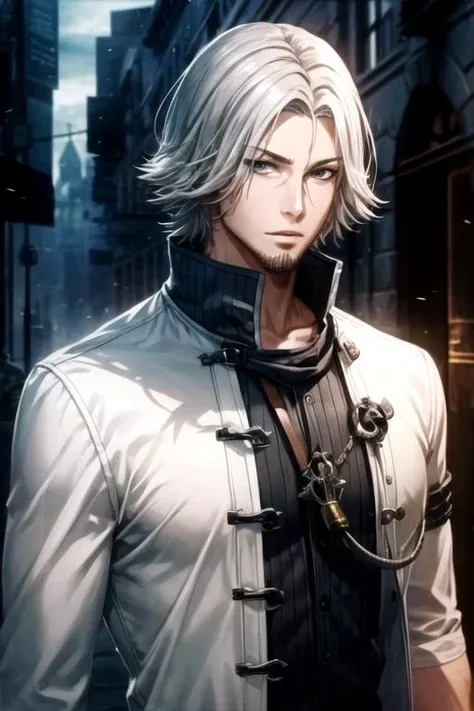 masterpiece, best quality, illustration, 1boy, solo, male focus, looking at viewer, upper body, depth of field, , realistic, <lora:renji_yomo:0.76>, renji_yomo, grey hair, grey eyes, pirate costume, Time travel,