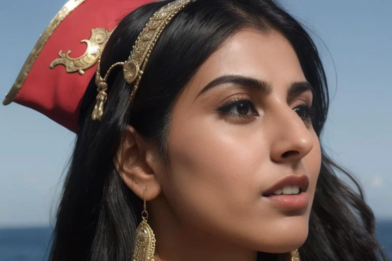 close up, 3/4 angle, stunning intricate full color portrait of lenakaur woman, dressed as pirate on pirate ship, on sea, at sea, male focus, serious expression, in model photoshoot, detailed face, detailed nose, epic character composition, sharp focus, natural lighting, subsurface scattering, f2, 35mm, film grain <lora:lenakaur4-000004:0.8>