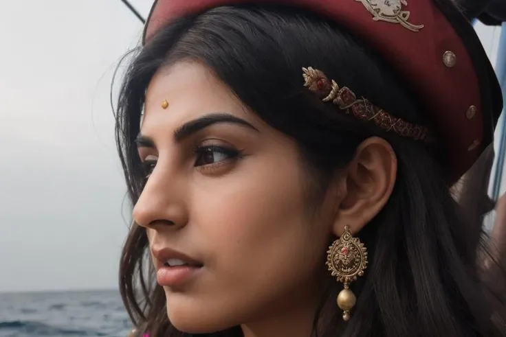 close up, 3/4 angle, stunning intricate full color portrait of lenakaur woman, dressed as pirate on pirate ship, on sea, at sea, male focus, serious expression, in model photoshoot, detailed face, detailed nose, epic character composition, sharp focus, natural lighting, subsurface scattering, f2, 35mm, film grain <lora:lenakaur4-000004:0.8>