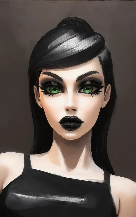 <lyco:keel3d2-14:0.80>, masterpiece, best quality, 1girl, human, upper body, looking at viewer, green eyes, (thick lips), goth, black lips, black dress, 3d, oil painting, sketch