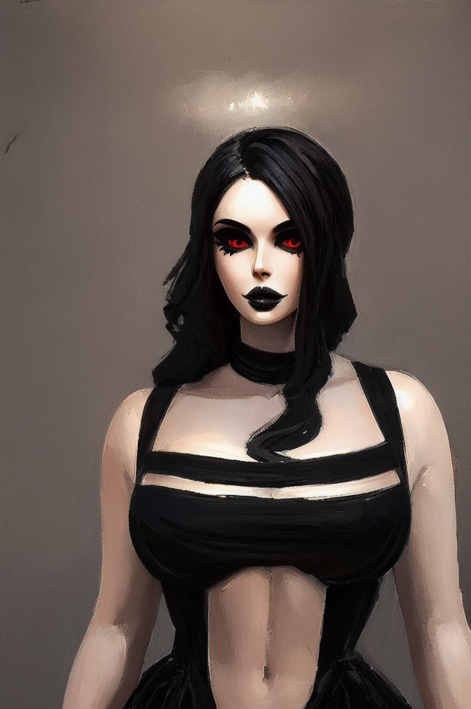 A woman in a black dress with red eyes and a black dress - SeaArt AI