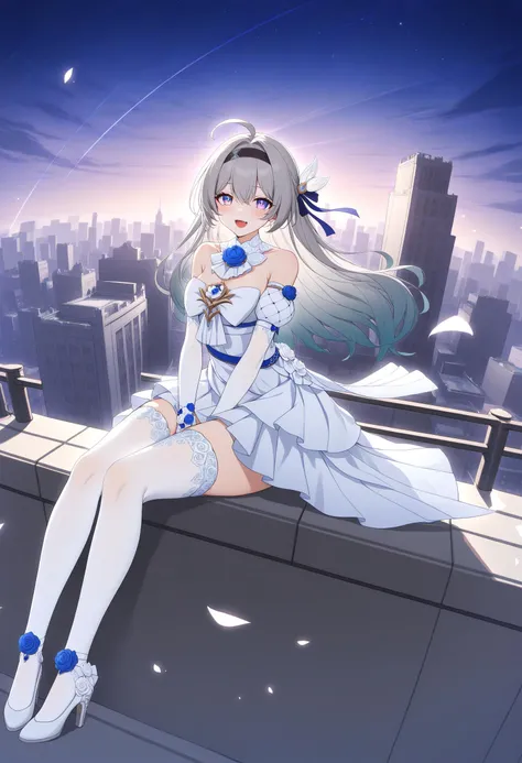 masterpiece, best quality, very aesthetic, absurdres,newest,
1girl, solo, ahoge, virtual youtuber,flower, looking at viewer, sitting, open mouth, smile,bangs,between legs, :d, hand between legs, purple background, fang,haoche
\\\\\\\\\\\\\\
The girl on the top of the building, the starry sky, the meteor crossed, the city skyline behind her was extremely beautiful, the breeze was blowing, the girl's heart was confused, her face was red, and she stroked her hair,
\\\\\\\\\\\\\
Top view, panorama, fisheye lens,
\\\\\\\\\\\\\\
wedding dress, liuying, 1girl, dress, white thighhighs, bangs, long hair, white gloves, white dress, grey hair, high heels,
<lora:liuying-v100-A3:0.7>
