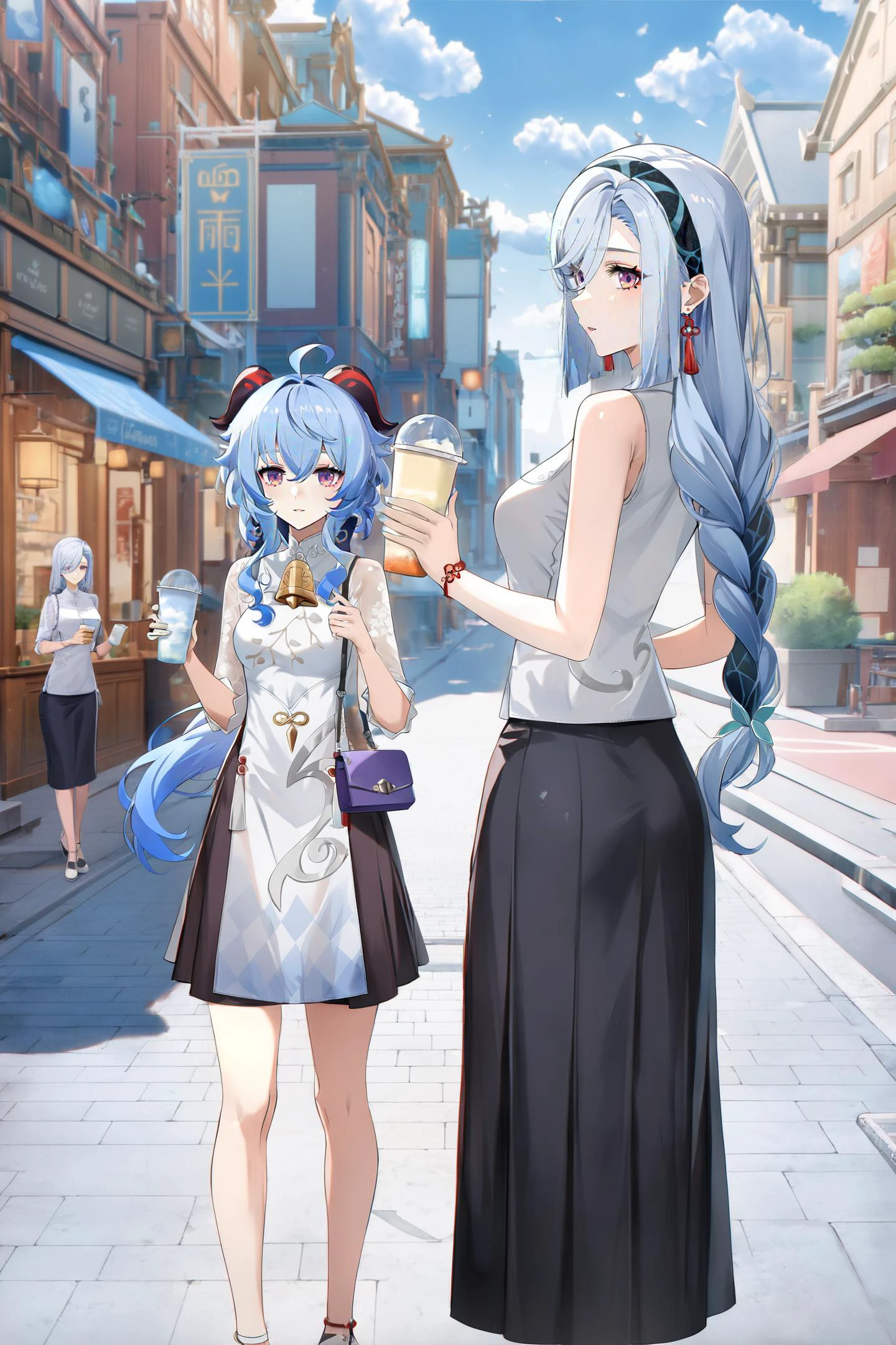 8k, best quality, masterpiece, (ultra-detailed:1.1), (high detailed skin),
<lora:ganshenxian-A3-Tanger-000010:0.7>, 2girls, Ganyu's casual clothes, shenhe's casual clothes, ganyu \(genshin impact\), shenhe \(genshin impact\), long hair, blue hair, horns, purple eyes, ahoge, skirt, bangs, outdoors, street,
