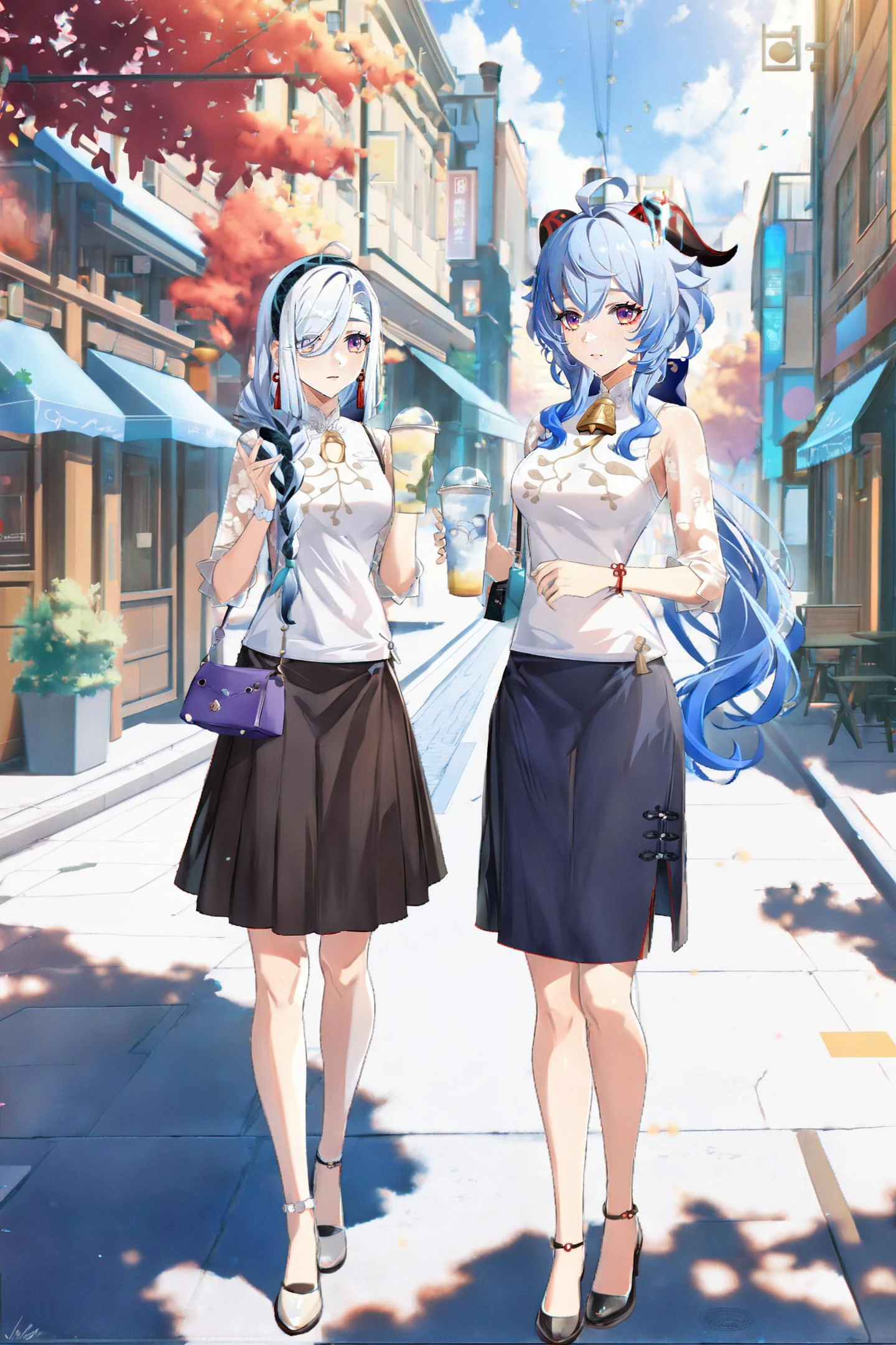 8k, best quality, masterpiece, (ultra-detailed:1.1), (high detailed skin),
<lora:ganshenxian-A3-Tanger-000010:0.8>, 2girls, Ganyu's casual clothes, shenhe's casual clothes, ganyu \(genshin impact\), shenhe \(genshin impact\), long hair, blue hair, horns, purple eyes, ahoge, skirt, bangs, outdoors, street,