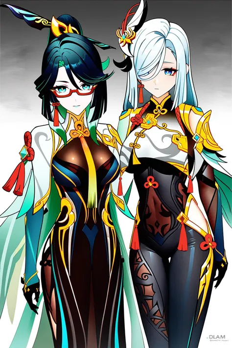 8k, best quality, masterpiece, (ultra-detailed:1.1), (high detailed skin),
<lora:ganshenxian-A3-Tanger-000006:0.8>, 2girls, Xianyun's def clothes,Xianyun \(genshin impact\), Shenhe's def clothes, shenhe \(genshin impact\), hair over one eye, long hair, glasses