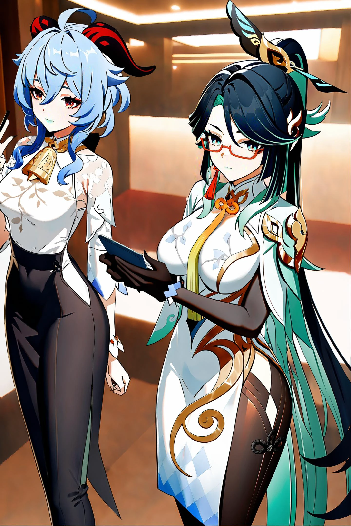 8k, best quality, masterpiece, (ultra-detailed:1.1), (high detailed skin),
<lora:ganshenxian-A3-Tanger-000010:0.7>, 2girls, Ganyu's casual clothes, ganyu \(genshin impact\), Xianyun \(genshin impact\), Xianyun's def clothes,