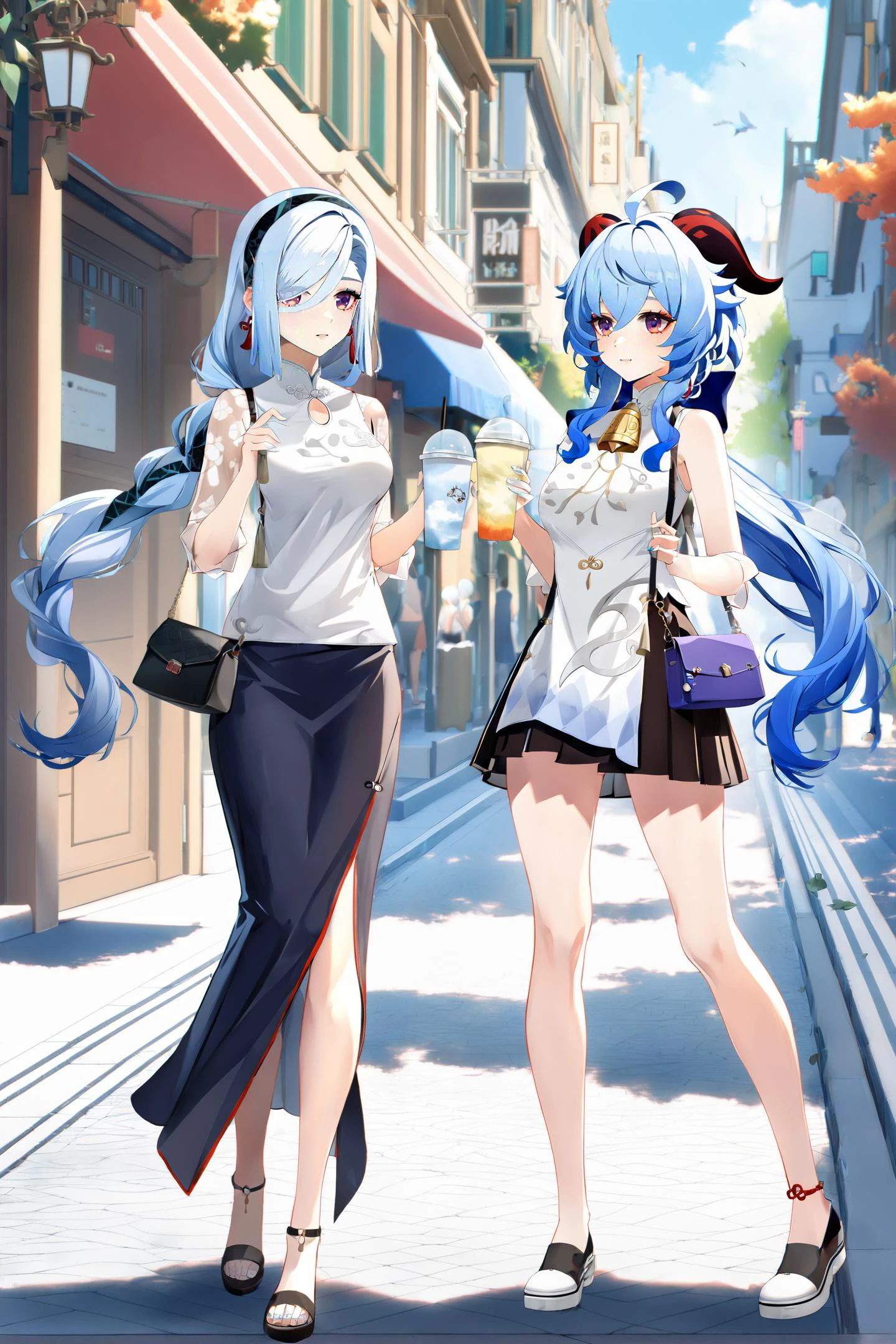 8k, best quality, masterpiece, (ultra-detailed:1.1), (high detailed skin),
<lora:ganshenxian-A3-Tanger-000010:0.7>, 2girls, Ganyu's casual clothes, shenhe's casual clothes, ganyu \(genshin impact\), shenhe \(genshin impact\), long hair, blue hair, horns, purple eyes, ahoge, skirt, bangs, outdoors, street,