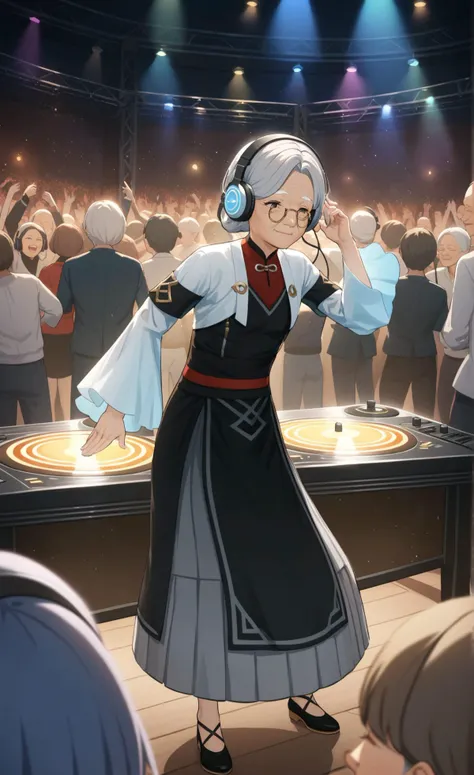 8k, best quality, masterpiece, (ultra-detailed), (high detailed skin),
An elderly woman stands behind a DJ booth, wearing headphones and a stylish outfit. She skillfully mixes tracks on the turntables, her face lit with enthusiasm as she moves to the beat. The crowd cheers, captivated by her energy and talent, proving that age is no barrier to enjoying music and fun,
<lora:ping-gui-A3-Tanger:0.8>,( pingll, pingll's def clothes:1.1), old woman, old, 1girl, grey hair, black footwear, pingll's dress,
full_shot, The nightclub is vibrant, with colorful flashing lights and an urban, edgy decor featuring graffiti murals. A large disco ball casts shimmering reflections on the packed dance floor, where a diverse crowd dances energetically. The air is filled with excitement, laughter, and cheers, blending with the thumping music. A "Retro Night" banner hangs above the stylish, elderly DJ, enjoying the lively, inclusive atmosphere.,