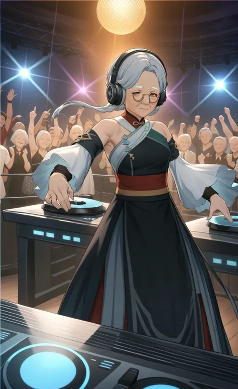 8k, best quality, masterpiece, (ultra-detailed), (high detailed skin),
<lora:ping-gui-A3-Tanger:0.8>, ( pingll, pingll's def clothes:1.3), old woman, old, 1girl, grey hair, black footwear, pingll's dress,
An elderly woman stands behind a DJ booth, wearing headphones and a stylish outfit. She skillfully mixes tracks on the turntables, her face lit with enthusiasm as she moves to the beat. The crowd cheers, captivated by her energy and talent, proving that age is no barrier to enjoying music and fun,
full_shot, The nightclub is vibrant, with colorful flashing lights and an urban, edgy decor featuring graffiti murals. A large disco ball casts shimmering reflections on the packed dance floor, where a diverse crowd dances energetically. The air is filled with excitement, laughter, and cheers, blending with the thumping music. A "Retro Night" banner hangs above the stylish, elderly DJ, enjoying the lively, inclusive atmosphere.,