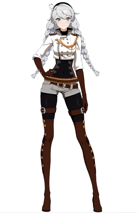 8k, best quality, masterpiece, (ultra-detailed:1.1), (high detailed skin),
(full body), white background, standing, looking at viewer, (solo), hand on hip,
<lora:kiana-young-A3-Tanger-000011:0.7>, kiana kaslana, youxia, 11th clothes, 1girl, thigh boots, blue eyes, braid, twin braids, long hair, shorts, thighhighs, brown footwear, gloves
(beautiful_face), ((intricate_detail)), clear face,
((finely_detailed)), fine_fabric_emphasis,
((glossy)), full_shot,