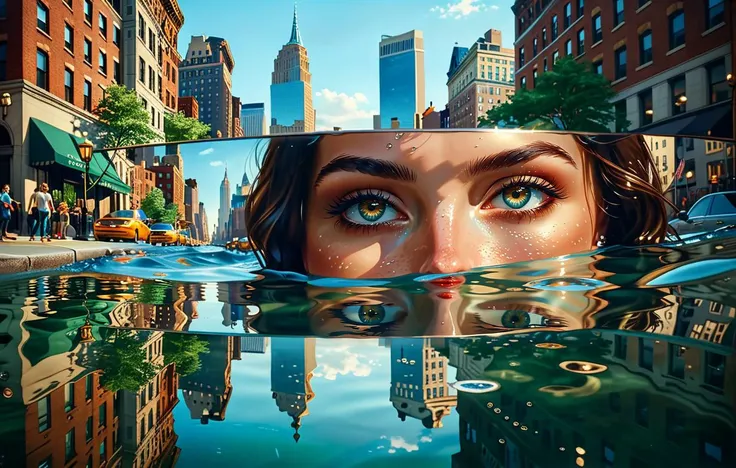 cinematic film still . <lora:EldritchRomanceIllustration_0.9.1:0.8><lora:Michelangelo_Michelangelo_Paintings_High_Renaissance-000008:0.8>a city with buildings and water in the middle, amazing digital art, realistic reflections, by Richard Wright, magicrealism, floating over a city sidewalk, inspired by Edward Clark, submerged, identical picture, realistic anime artstyle, inspired by Michael James Smith, hyperrealstic  <lora:AdvancedEnhancerXLv2:1> movie still, film still, cinematic, cinematic shot, cinematic lighting, macro shot, 35mm film, green eyes, blue eyes, brown eyes, close up, teeth, braces The city of New York reflects the water and get depiction of the picture upside down In the water there is a reflection of a secret City . shallow depth of field, vignette, highly detailed, high budget, bokeh, cinemascope, moody, epic, gorgeous, film grain, grainy