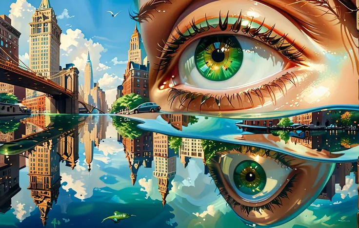 ethereal fantasy concept art of  . <lora:EldritchRomanceIllustration_0.9.1:0.8><lora:Michelangelo_Michelangelo_Paintings_High_Renaissance-000008:0.8>a city with buildings and water in the middle, amazing digital art, realistic reflections, by Richard Wright, magicrealism, floating over a city sidewalk, inspired by Edward Clark, submerged, identical picture, realistic anime artstyle, inspired by Michael James Smith, hyperrealstic  <lora:AdvancedEnhancerXLv2:1> movie still, film still, cinematic, cinematic shot, cinematic lighting, macro shot, 35mm film, green eyes, blue eyes, brown eyes, close up, teeth, braces The city of New York reflects the water and get depiction of the picture upside down In the water there is a reflection of a secret City . magnificent, celestial, ethereal, painterly, epic, majestic, magical, fantasy art, cover art, dreamy