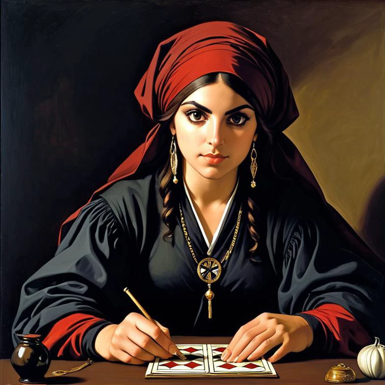 <lora:Michelangelo_Michelangelo_Paintings_High_Renaissance-000008:0.8>portrait Caravaggio,The Fortune Teller
,