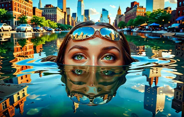 cinematic film still . <lora:EldritchRomanceIllustration_0.9.1:0.8><lora:Michelangelo_Michelangelo_Paintings_High_Renaissance-000008:0.8>a city with buildings and water in the middle, amazing digital art, realistic reflections, by Richard Wright, magicrealism, floating over a city sidewalk, inspired by Edward Clark, submerged, identical picture, realistic anime artstyle, inspired by Michael James Smith, hyperrealstic  <lora:AdvancedEnhancerXLv2:1> movie still, film still, cinematic, cinematic shot, cinematic lighting, macro shot, 35mm film, green eyes, blue eyes, brown eyes, close up, teeth, braces The city of New York reflects the water and get depiction of the picture upside down In the water there is a reflection of a secret City . shallow depth of field, vignette, highly detailed, high budget, bokeh, cinemascope, moody, epic, gorgeous, film grain, grainy