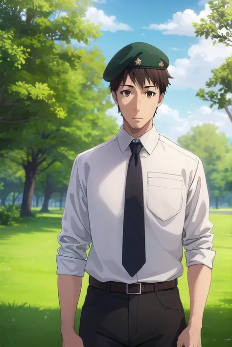 youjiitami, <lora:youji itami s1s2-lora-nochekaiser:1>,
youji itami, brown hair, (brown eyes:1.5), male focus, mature male,
BREAK shirt, hat, white shirt, necktie, collared shirt, belt, pants, uniform, beret, green necktie,
BREAK outdoors, forest, nature, grass, trees, sun, sky, clouds,
BREAK looking at viewer, (cowboy shot:1.5),
BREAK <lyco:GoodHands-beta2:1>, (masterpiece:1.2), best quality, high resolution, unity 8k wallpaper, (illustration:0.8), (beautiful detailed eyes:1.6), extremely detailed face, perfect lighting, extremely detailed CG, (perfect hands, perfect anatomy),
