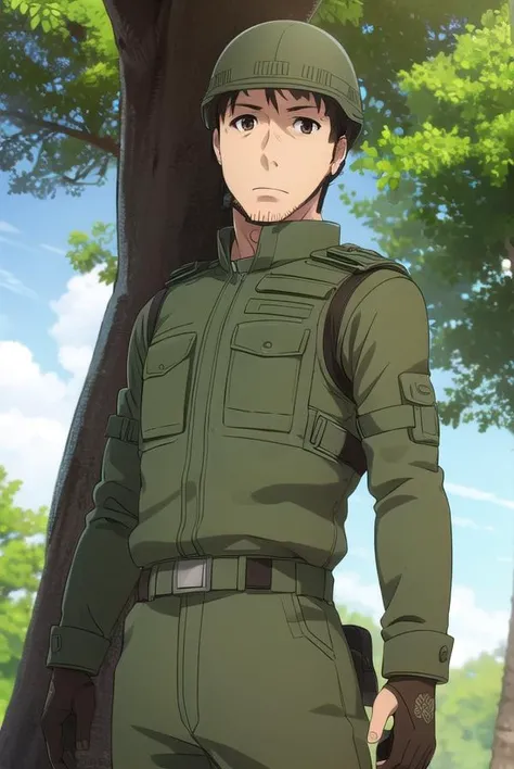 youjiitami, <lora:youji itami s1s2-lora-nochekaiser:1>,
youji itami, brown hair, (brown eyes:1.5), male focus, mature male,
BREAK gloves, uniform, military, military uniform, helmet, headset,
BREAK outdoors, forest, nature, grass, trees, sun, sky, clouds,
BREAK looking at viewer, (cowboy shot:1.5),
BREAK <lyco:GoodHands-beta2:1>, (masterpiece:1.2), best quality, high resolution, unity 8k wallpaper, (illustration:0.8), (beautiful detailed eyes:1.6), extremely detailed face, perfect lighting, extremely detailed CG, (perfect hands, perfect anatomy),