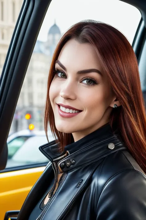 headshot of S223_CharlieRed,a stylish woman,in a (taxi:1.1),wearing a (coat:1.1),(smiling:1.1),(8k, RAW photo, best quality, depth of field, ultra high res:1.1),(absurdres, intricate, photorealistic, masterpiece, ultra-detailed:1.2),