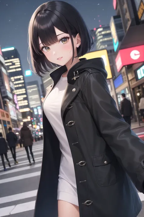 best quality, 1girl, solo, black hair, short curved bob, (Cool black coat), night, city,