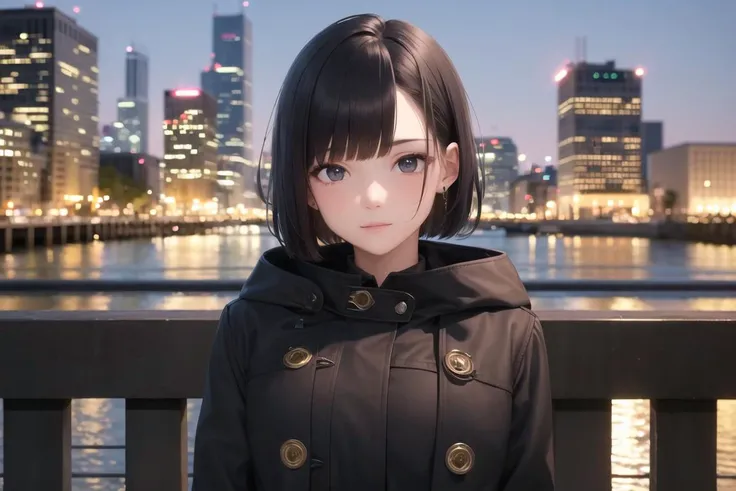 best quality, 1girl, solo, black hair, short bob, (black coat), night, city,