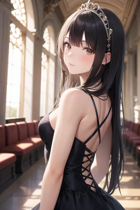 1girl, solo, long hair, (upper body:1.2), (dynamic angle), Ruffled Dresses, (The great hall of the mansion), tiara, Luxurious interior, looking at viewer,