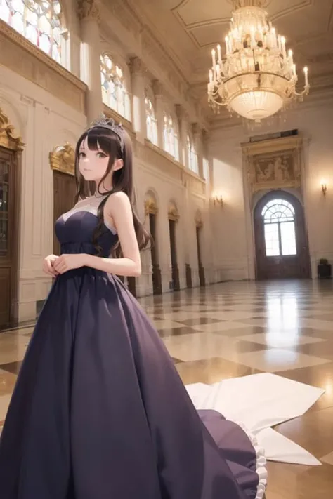 1girl, solo, long hair, (dynamic angle), Ruffled Dresses, (The great hall of the mansion), tiara, Luxurious interior, looking at viewer,